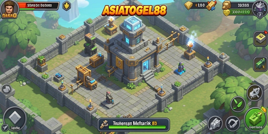 Tangkapan layar dari ASIATOGEL88 menampilkan aksi menara menghadapi gelombang musuh.